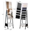 Full mirror wooden floor style, with 1 large drawer, 4 wheels, white light beads, jewelry storage mirror cabinet - white