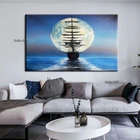 Handmade Sailboat Painting Seascape Original Art Boat Painting Nautical Artwork Full Moon Canvas Painting Night Sky Wall Art (size: 50X70cm)